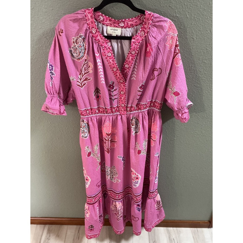 Umgee Midi Dress Womens Large Pink Excellent Boho Floral Seersucker C5766